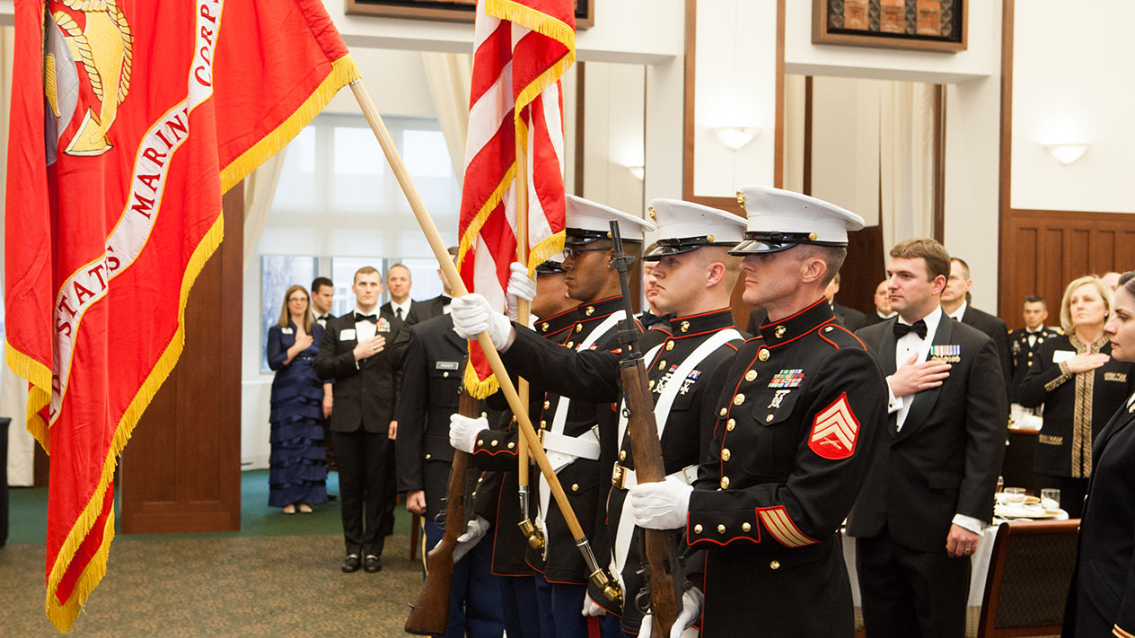 Military Veterans attending a ceremony at Olin School of Business