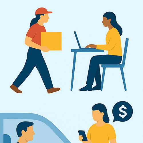 An illustration of four people doing various types of gig work.