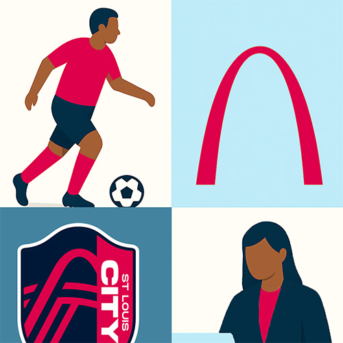 An illustration of a person playing soccer, the St. Louis Arch, the St. Louis CITY SC logo, and a person working on a computer.