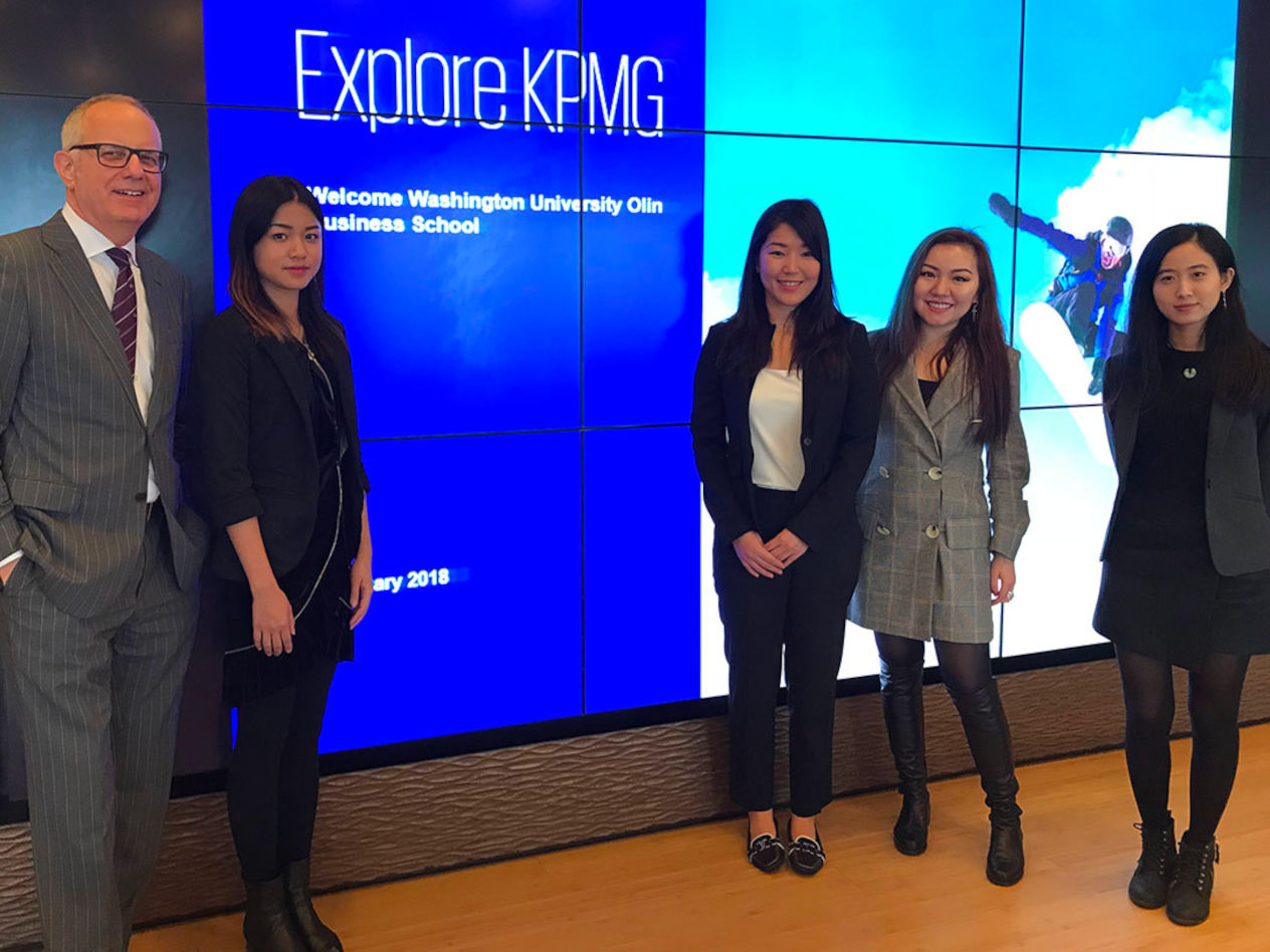 Members of the Hong Kong trek at KPMG. Greg Hutchings of the Weston Career Center; Yiling Han, Hee Cho, and Rachel Han, all MACC ’18.