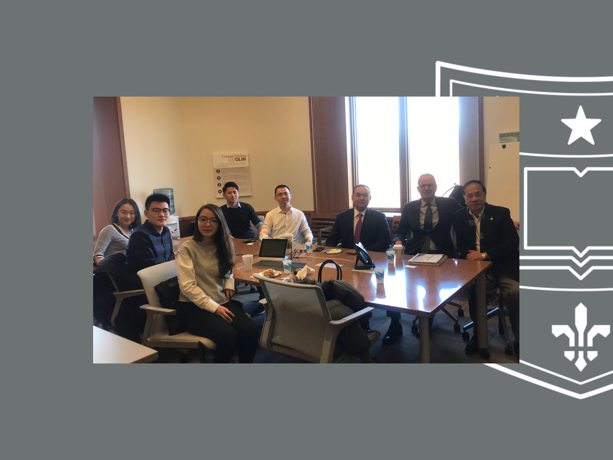 Albert Ip, WashU trustee member and executive fellow in Asia; Greg Hutchings, Weston Career Center; Roger Shi, Mack Yang, Wendy Cai, Ethan Xu, Sarah Liu.