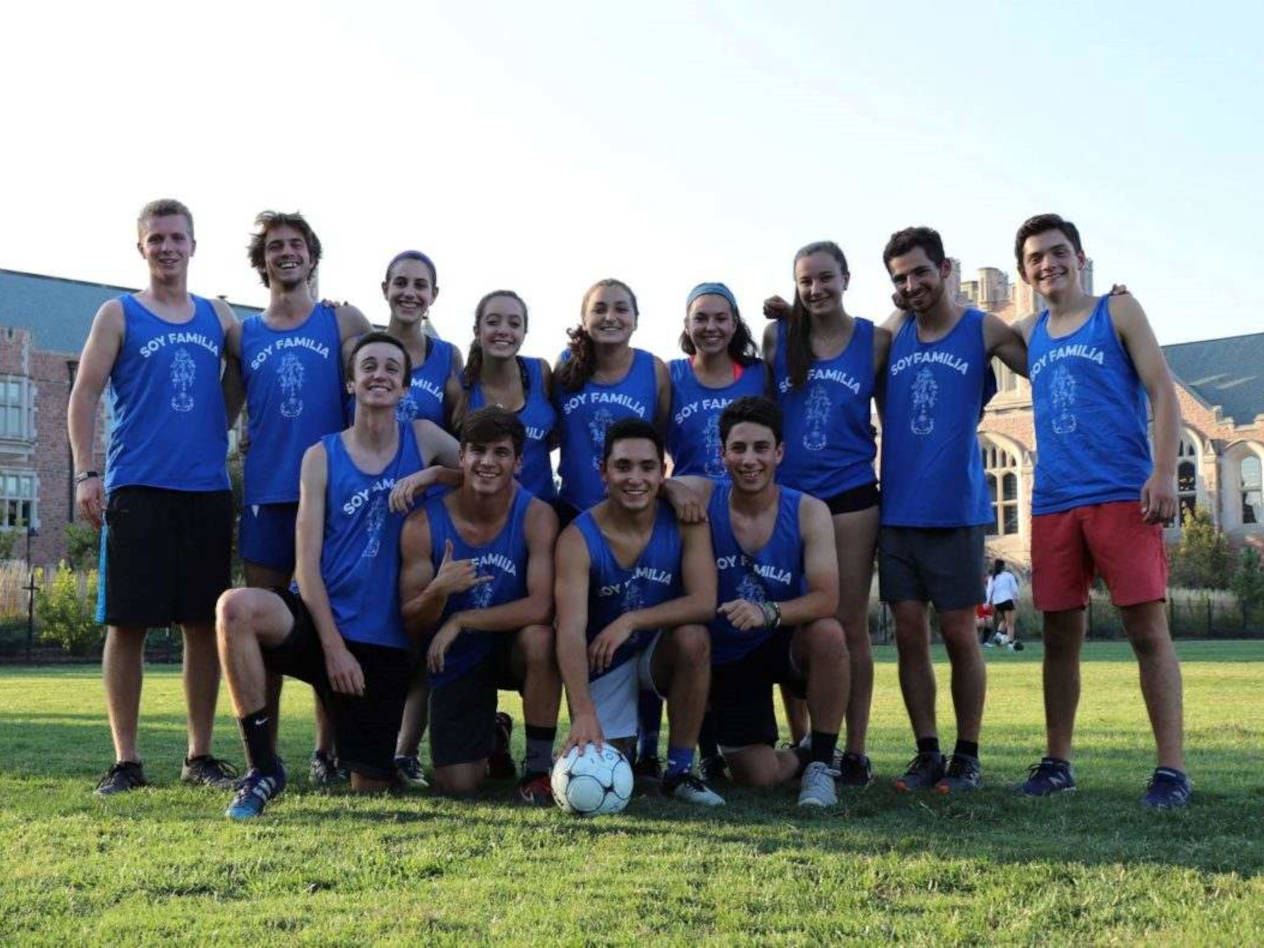 A soccer team in blue jerseys.