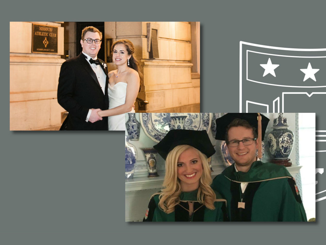 Left, Skae and Hammack at their reception at the Missouri Athletic Club. Right, Gauthier and Triplett on graduation day.
