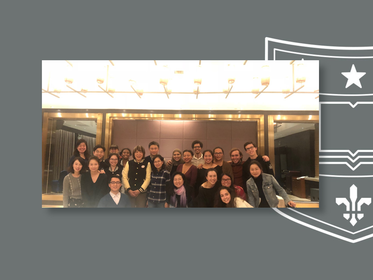 Washington University students and faculty with Fudan University program partners at Thanksgiving dinner in Shanghai in November 2018.