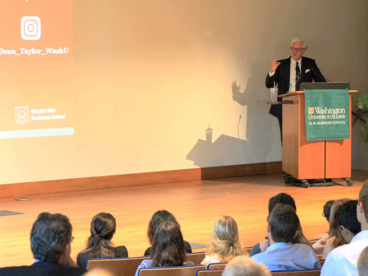 Dean Mark Taylor addressing the Century Club on Thursday, Sept. 20, 2018, where he elaborated on plans for the revamped full-time MBA program.