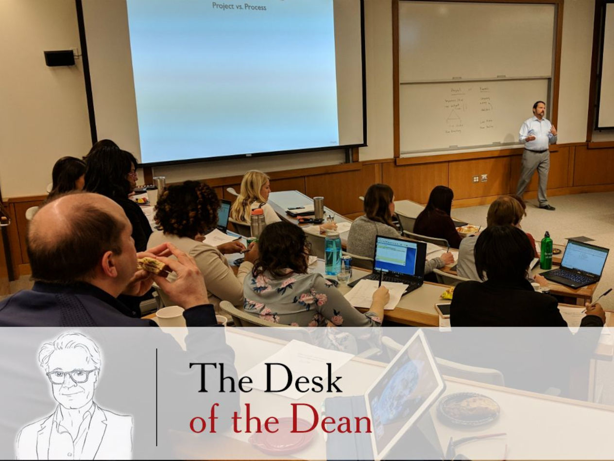 Olin Professor Sergio Chayet, director of the master of science in supply chain management program, hosts a lunch-and-learn for Olin staff and faculty on project management on January 25, 2019.