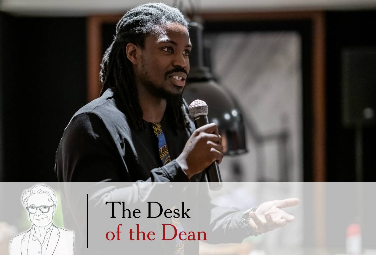 Lungile Tshuma, MBA 2021, toasting the diversity of the current class of first-year students during the final day celebration of their time in Barcelona.
