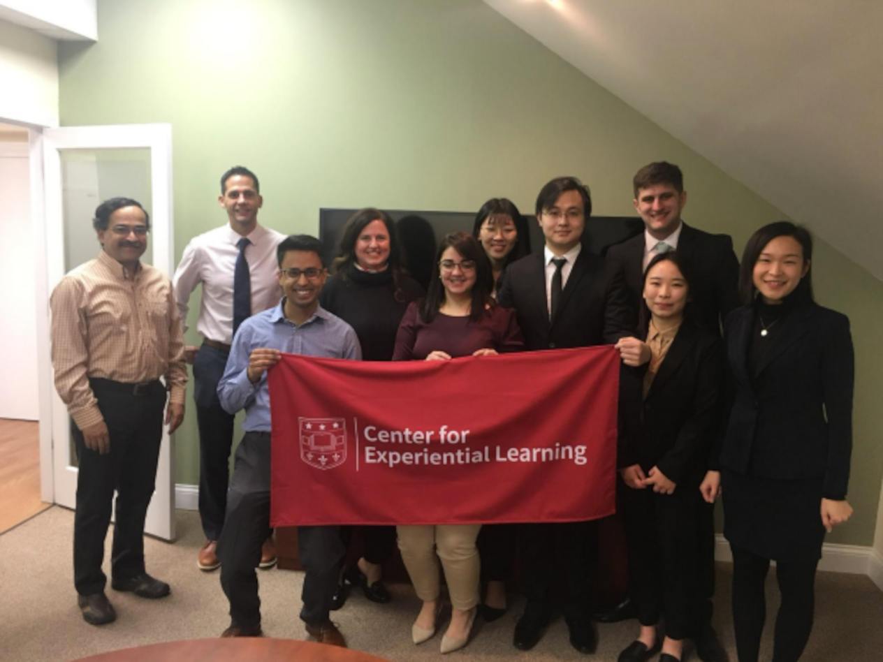 Seethu Seetharaman; Michael Wall; a client representative; Jessica Sanchez Chavez, MBA ’20; a client representative; Stella Yang, MSCA ’19; Ziyue Wu, MSCA ’19; Jonathan Pick, MBA ’20 and team lead; Chaoran Xie, MSCA ’19; Yijun Cao, MSCA ’19.