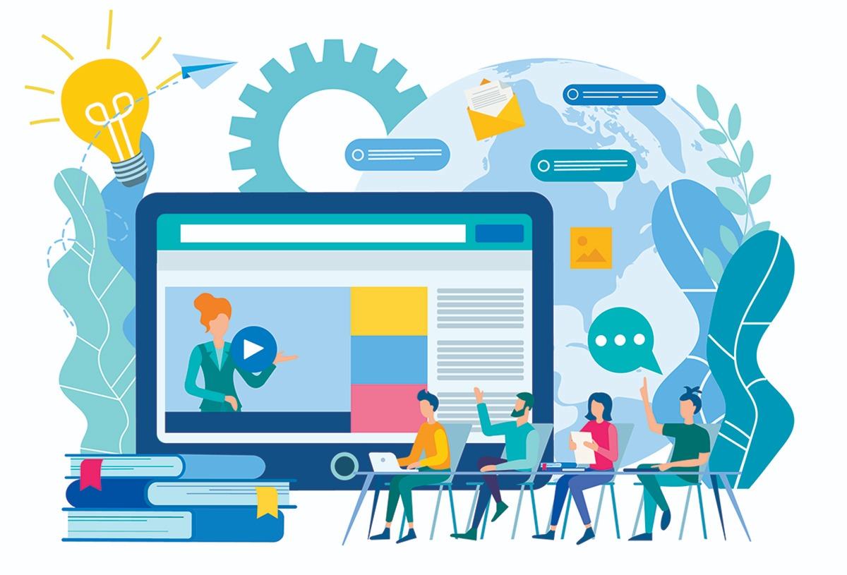 Digital "smart" classroom learning graphic with students