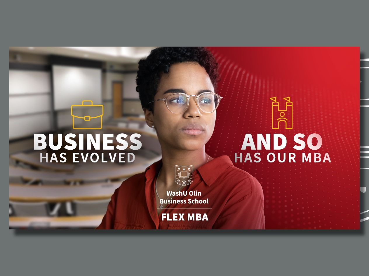 Image promoting the new Flex MBA program with a woman looking out of frame against a red background and promotional type: Business has evolved and so has our MBA.