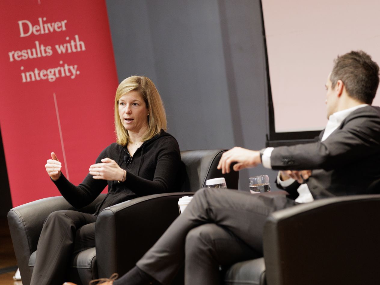 Sarah London, Centene CEO, answering questions from moderator Peter Boumgarden