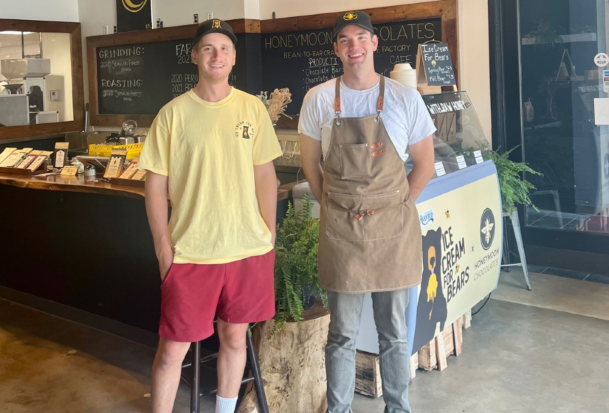 Cam Loyet, PMBA ’21, and cofounder of Honeymoon Chocolates, has partnered with Timothy Berg, MBA ’22, founder of Ice Cream for Bears.