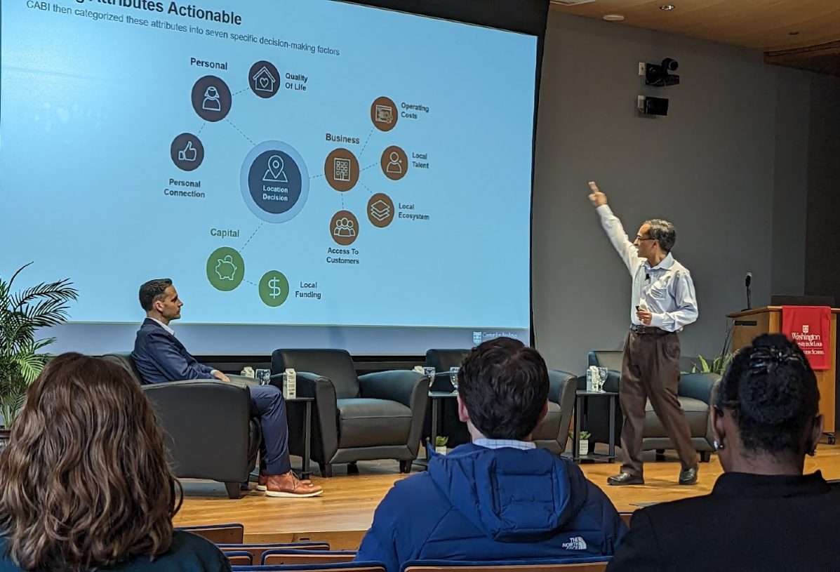Olin’s Seethu Seetharaman, director of the Center for Analytics and Business Insights and W. Patrick McGinnis Professor of Marketing, outlines a data-driven process the center developed to guide economic development decisions in St. Louis. The presentation was at the March 2023 Data for Good symposium.