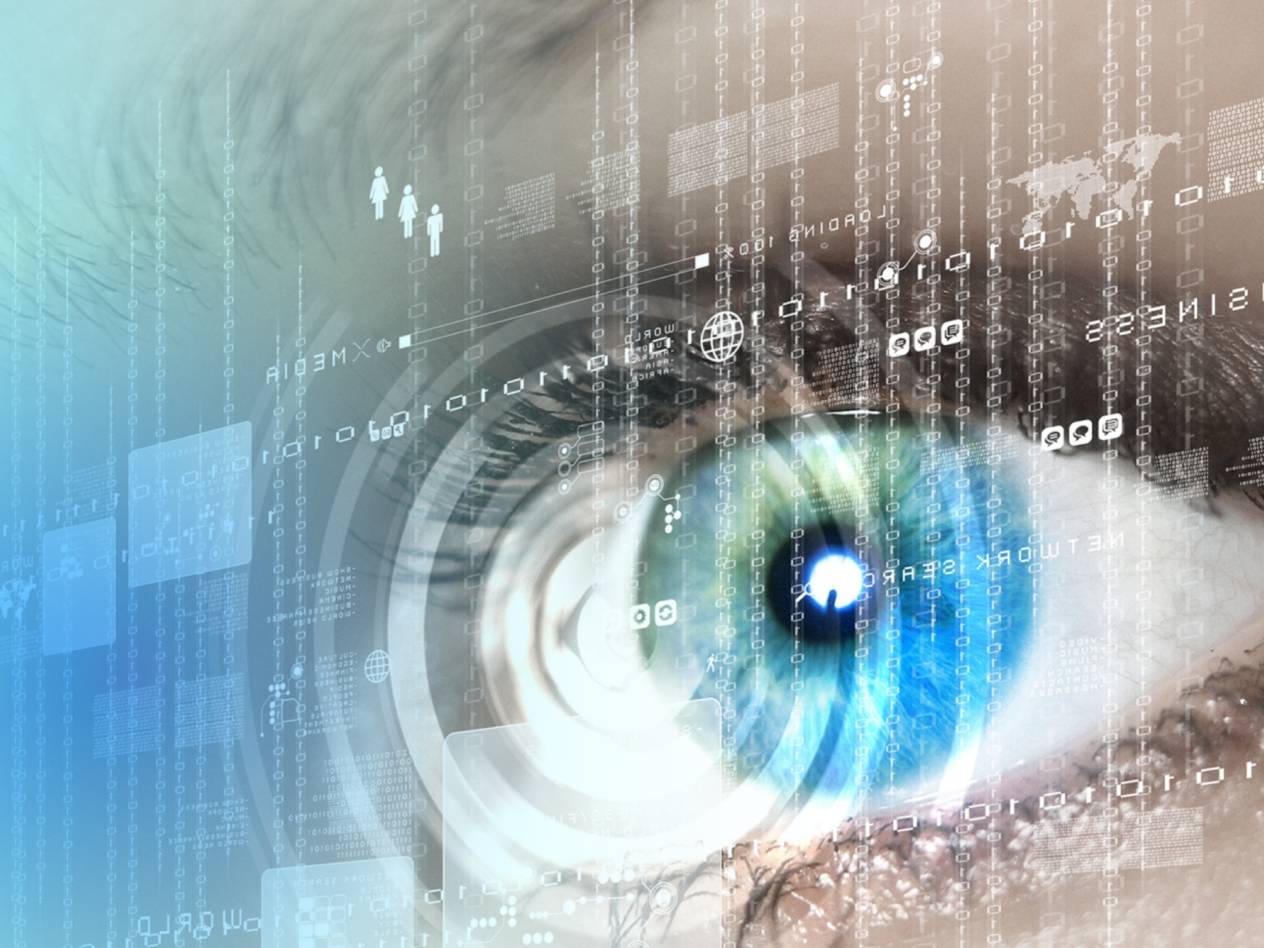 An eye staring through streams of numbers and letters representing data in a blue field.