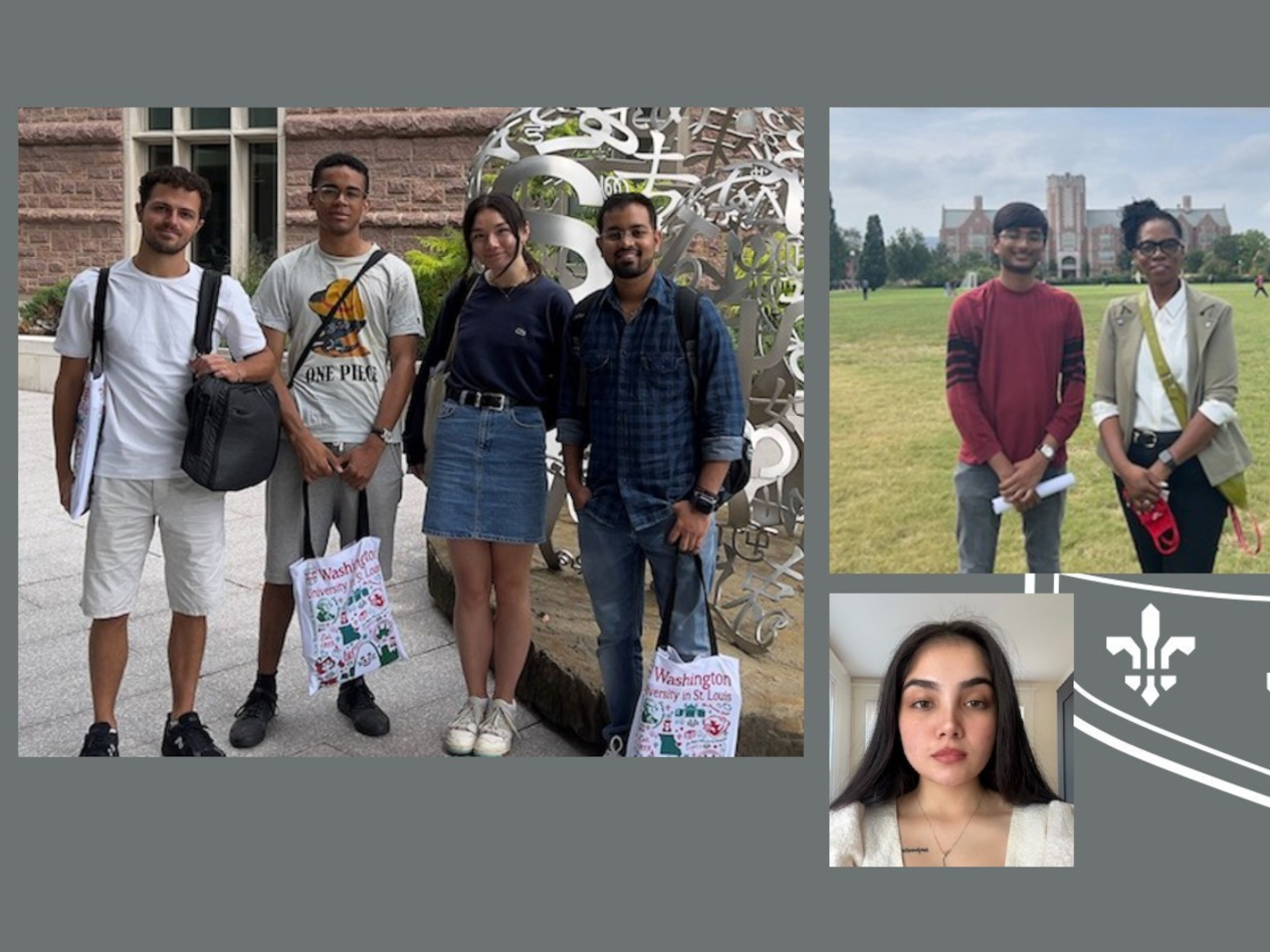 Left photo: Louis Galland, Francois Adjalin, Anne Godet and Priyansh Lall. Right photo: Student Aditya Namburi and Collette Brown Rogers, of the Graduate Programs Office. Bottom photo: Mehak Jain.