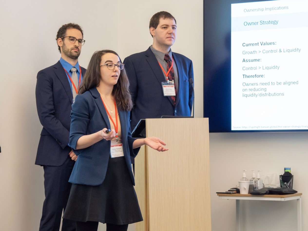 Jessica Timerman, MBA/MSW 2024, and Michael Roytburd and Samuel Berger, both MBA 2024