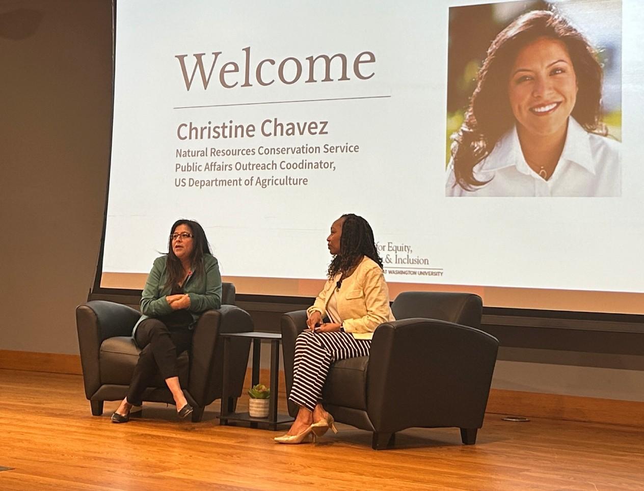 Christine Chavez with Olin's Jacqueline Slack Carter on the Emerson stage.