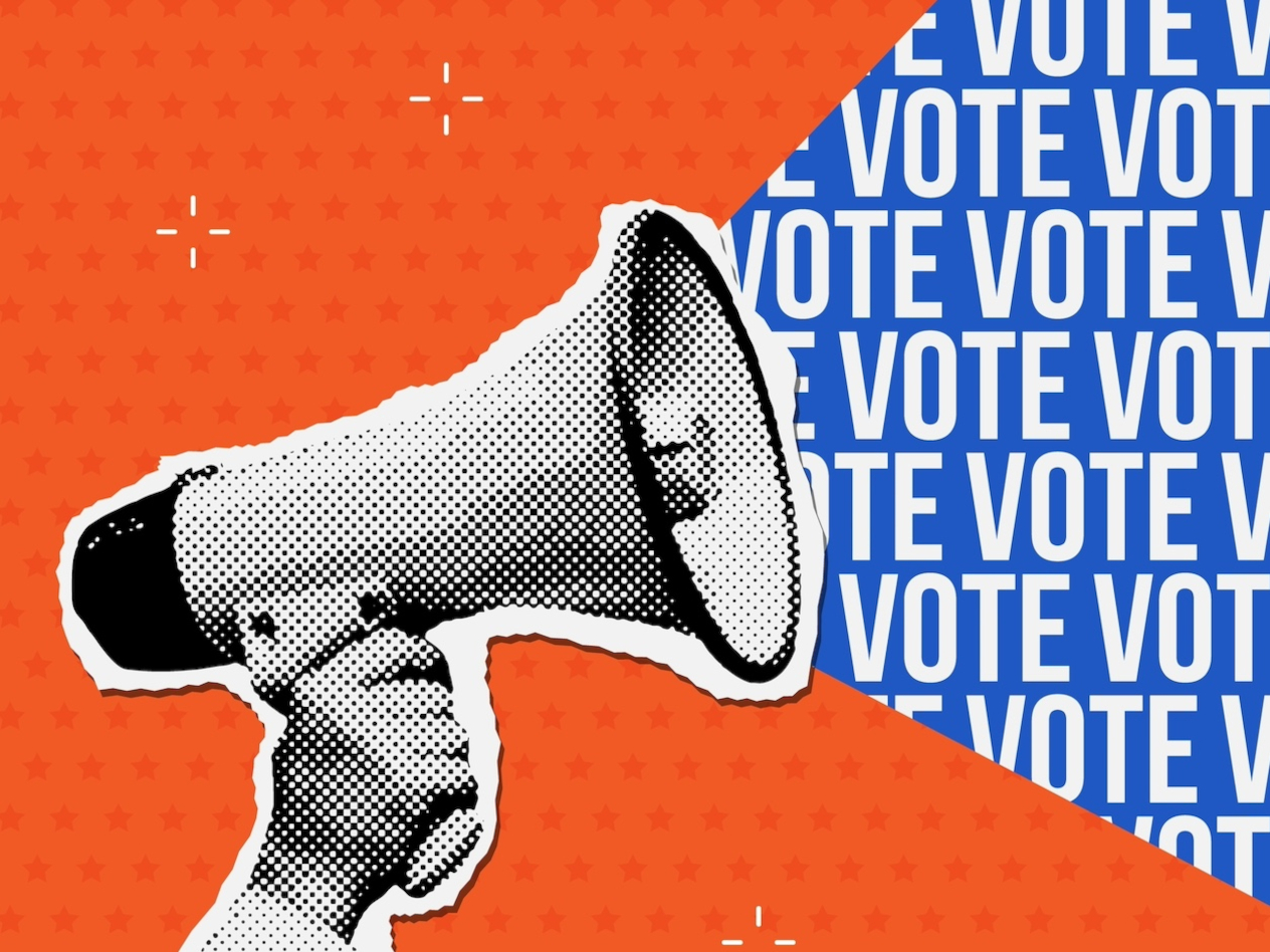 Hand holding a megaphone from which comes title - VOTE. Trendy halftone collage for 2024 politics elections. Vector dotted Cutouts magazines.