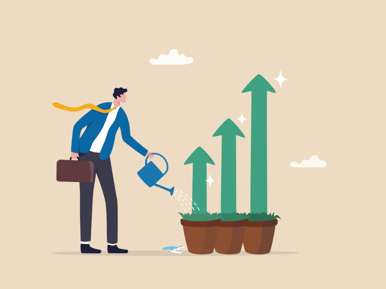 A man, watering a plant in a pot with arrows denoting growth.