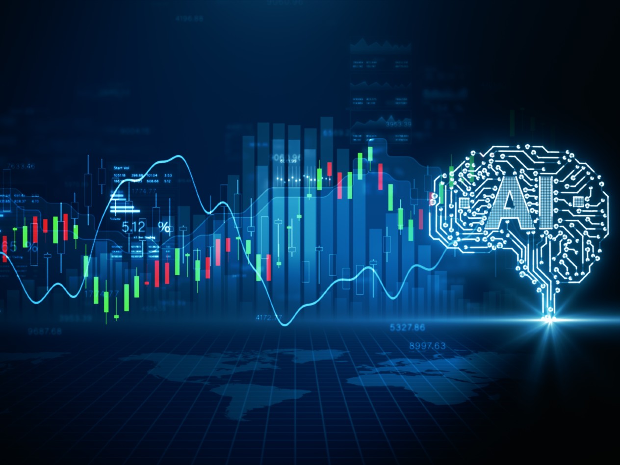 candlestick chart of stock prices with image of brain and the letters "AI"