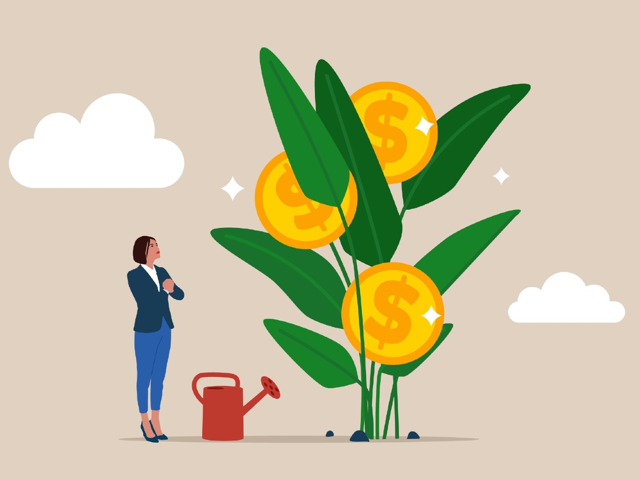 image of woman watering tree with money growing on it