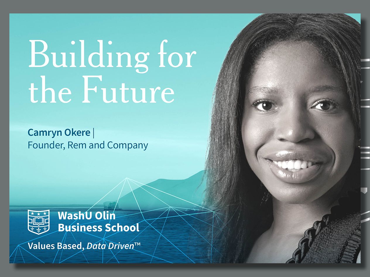 On Principle logo image incorporated with a headshot of Camryn Okere, a WashU Olin alumna