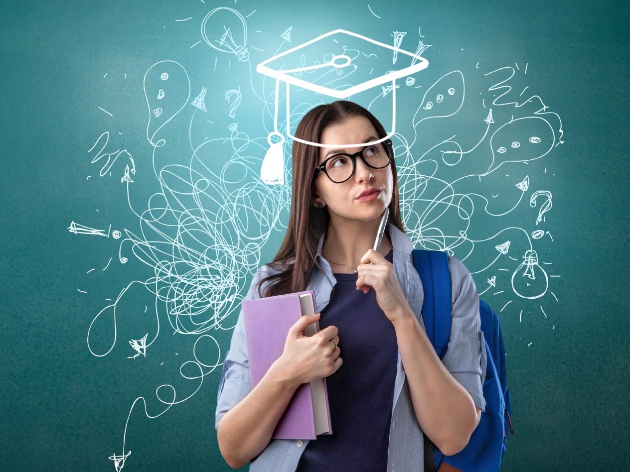 Prospective student with graphics surrounding her indicating she's pondering her future