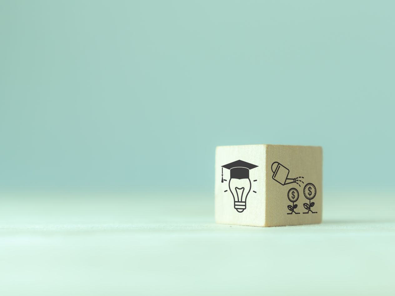 Wooden cube in a neutral pale green background showing a lightbulb with a mortarboard and flowers being watered (with dollar sign imagery) on another side of the cube.