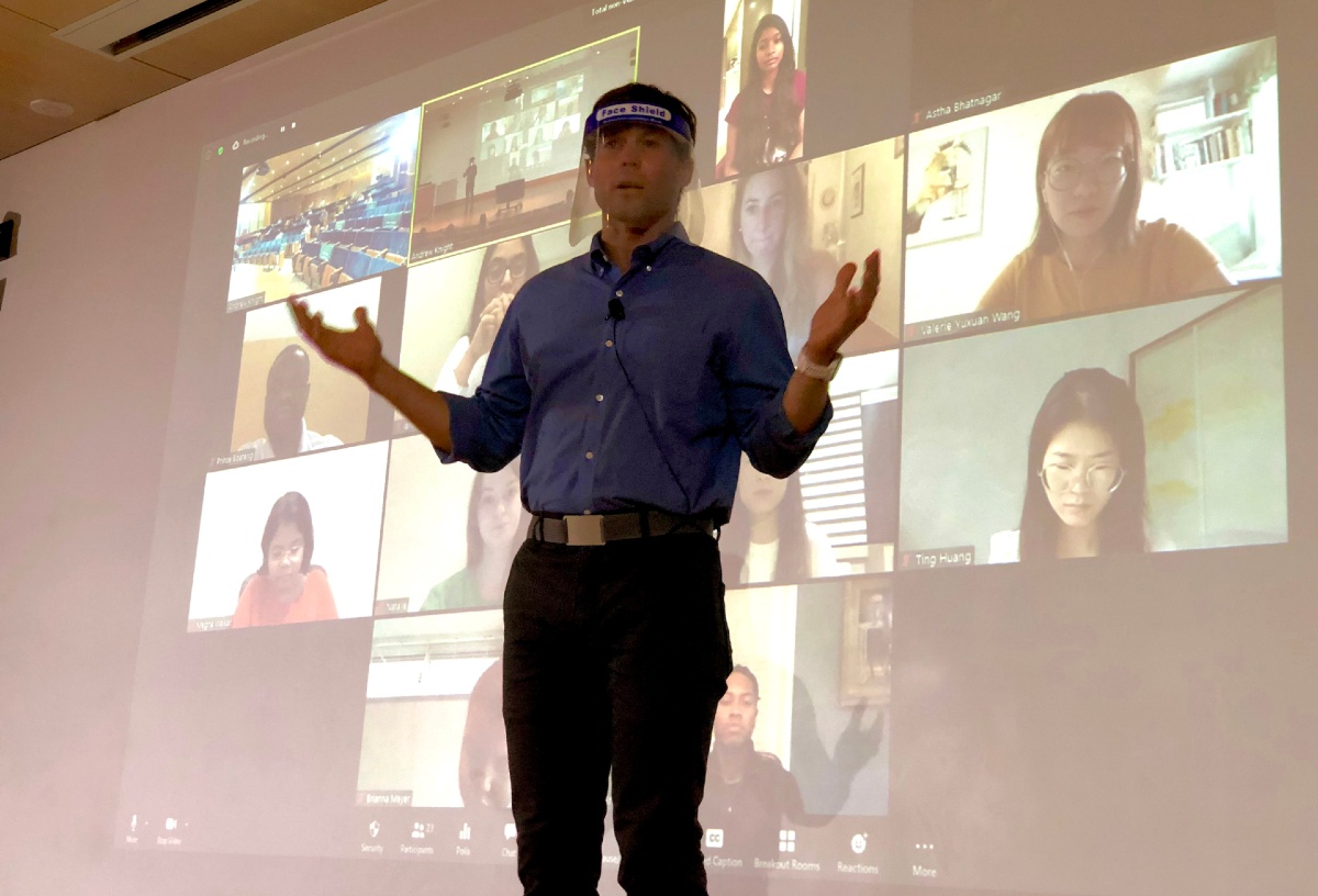 Professor Andrew Knight teaches a hybrid course in September 2020 in Emerson Auditorium.