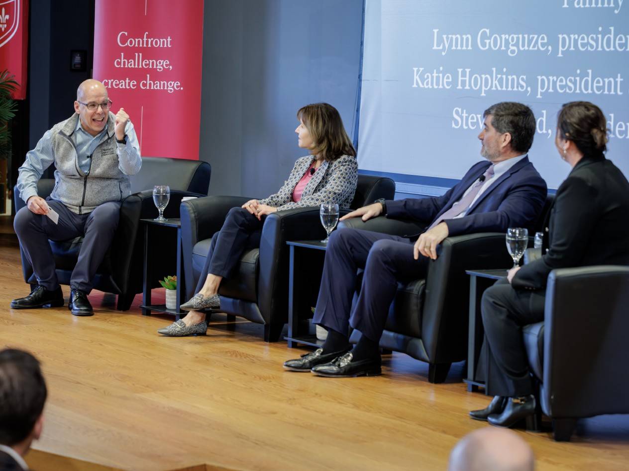 Olin Dean Mike Mazzeo moderates a panel on family business transitions with Lynn Gorguze, Steve Gund and Katie Hopkins.