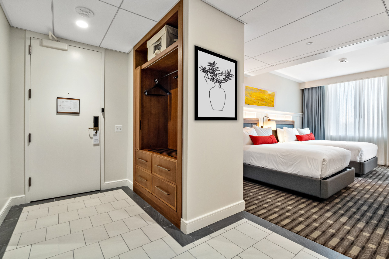 A hotel room, showing an area for hanging and storing clothes