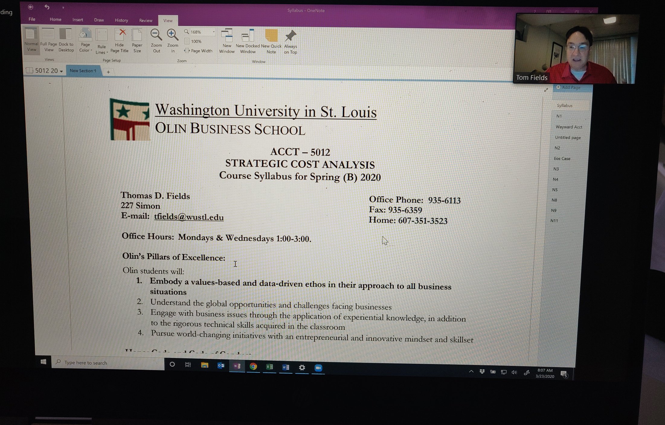 Tom Fields, professor of accounting, teaches Strategic Cost Analysis via Zoom.