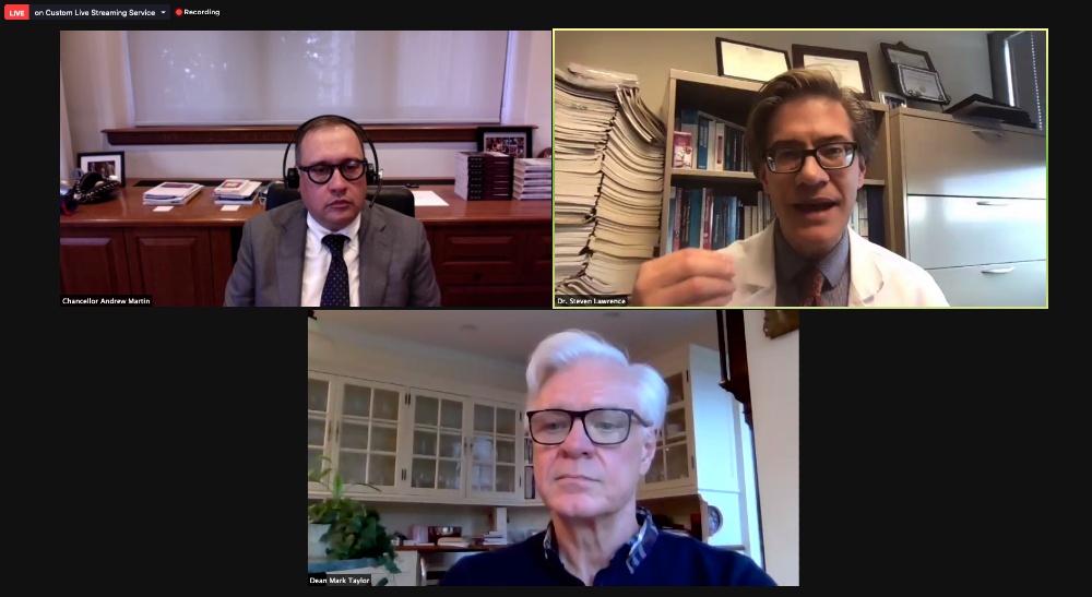 Clockwise from top left: Andrew D. Martin, Dr. Steven Lawrence and Olin Dean Mark P. Taylor, who moderated the Q&A session during the September 29, 2020, Leadership Perspectives presentation.