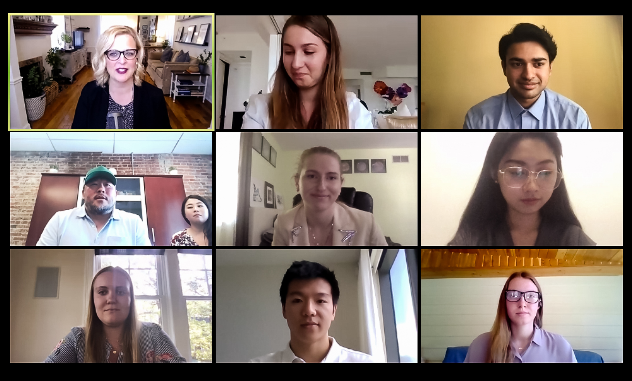 A student team presents to the So Hospitality Group (left center), as well as taskforce founder Erin Joy (top left) and Alivia Kaplan (top center).