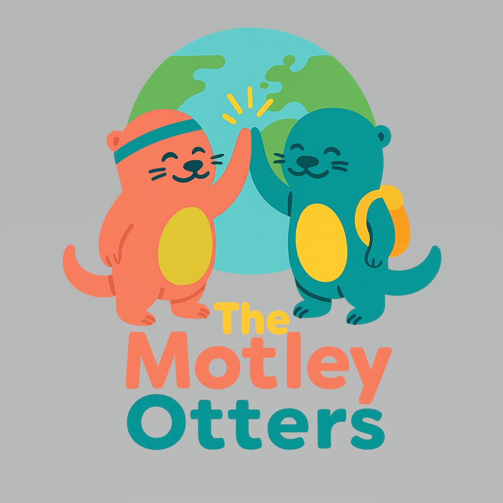 cartoon logo featuring two otters, one orange and one green, high-fiving in front of a globe.
