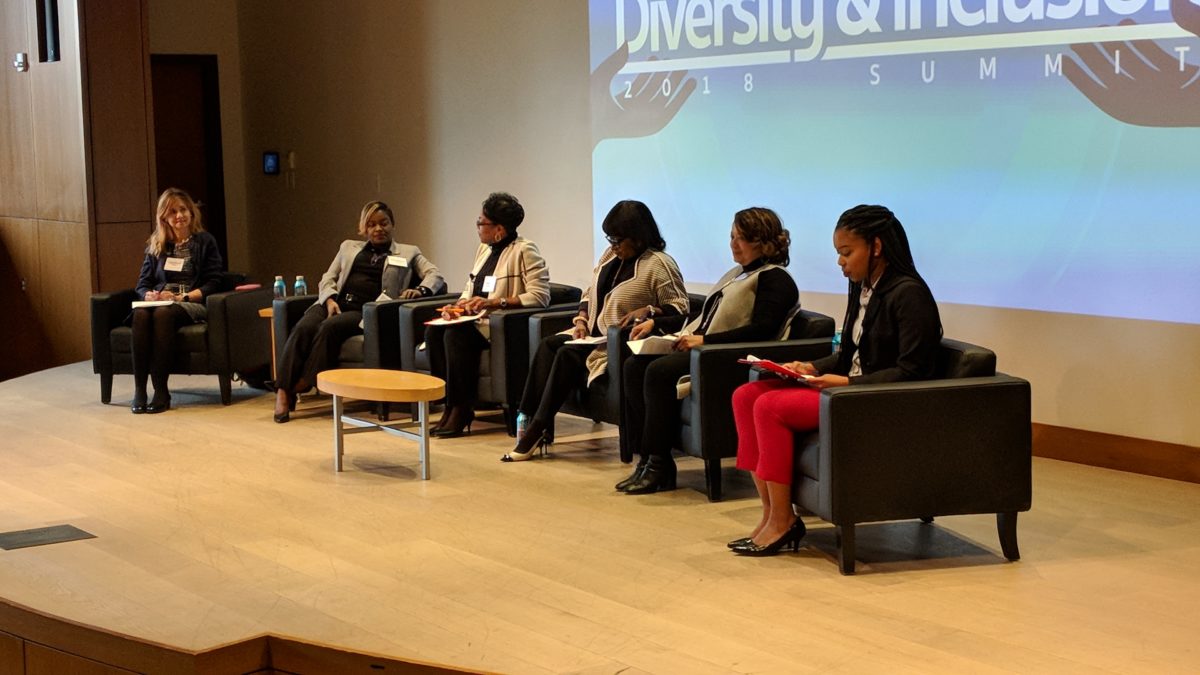 Panelists Adita Akbani, Kim Hawkins, Susan Stith, Emily Pitts, Arvetta Powell, and moderator Charlyn Moss.