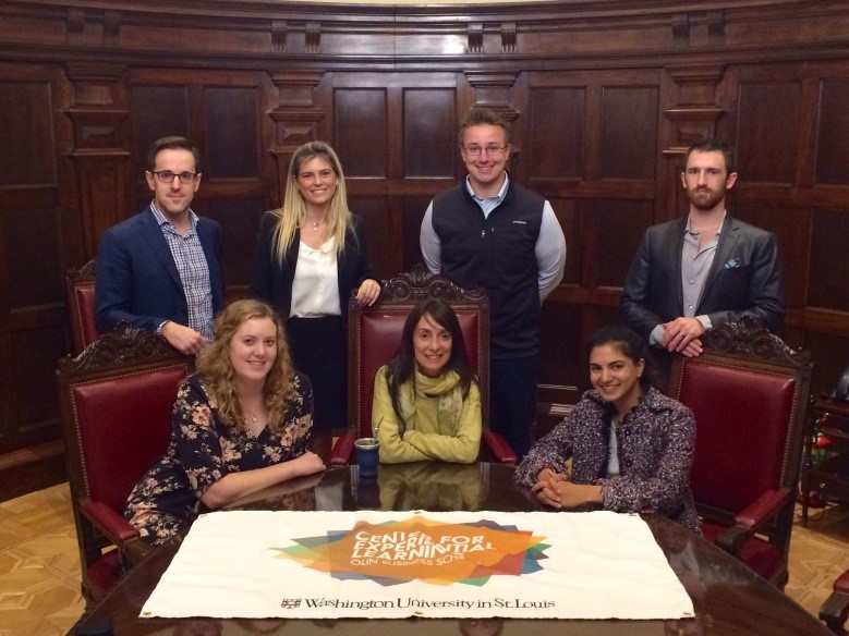 Back row: Jeff Brown, MBA ’19; Ingrid Claussen, innovation manager, Rosario Board of Trade; Nick Wosniak, MBA ’19; Gabe Berkland, MBA ’19. Front row: Abigail MacDonald, MSW/MBA ’18; Ana Galiano, Austral University, Rosario – School of Business Sciences dean; Ankita Bhalla, BSBA ’20.