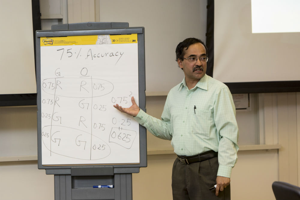 Seethu Seetharaman led the morning session for participants in a March 26-27 workshop on values-based, data-driven decision-making.