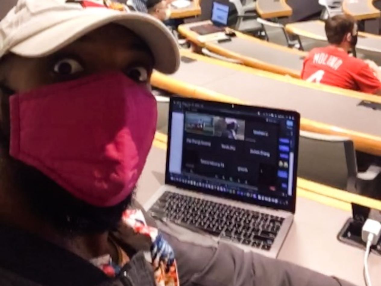 Tyler Edwards, MBA 2021, in a class during the first week of fall 2020, masked up and socially distanced.