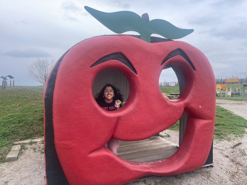 Student Ananya Radhakrishnan at the children’s play area on the Eckert’s farm.