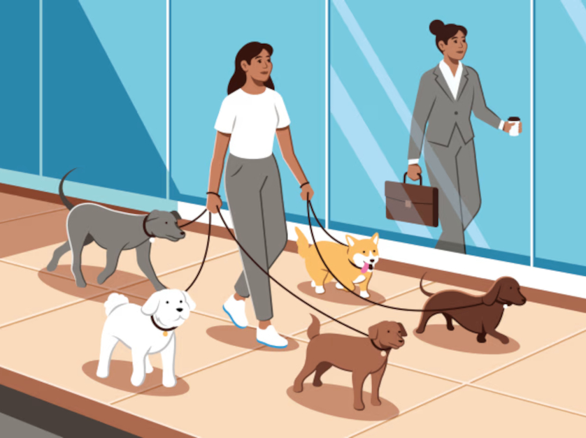 A woman walks along a street while walking her dogs.