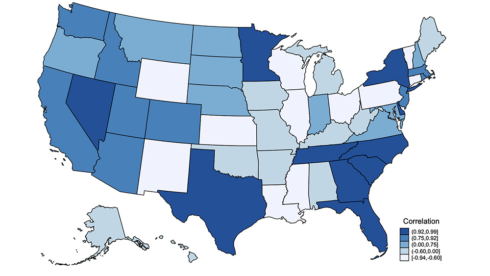 A map of the relationship between the gig economy and entrepreneurship across the United States.