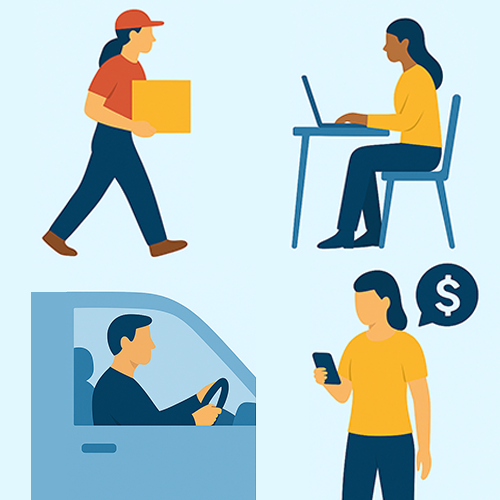 An illustration of four people doing various types of gig work.