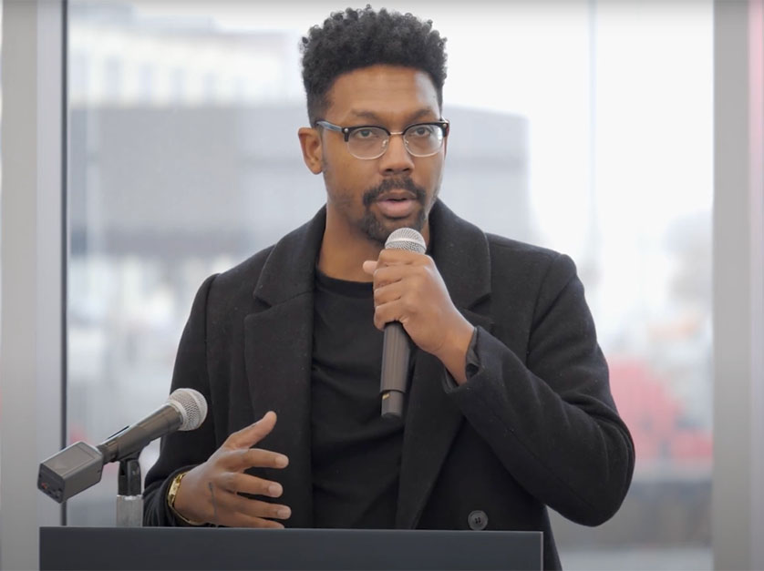 Artist Damon Davis speaks at the Pillars of the Valley dedication ceremony.