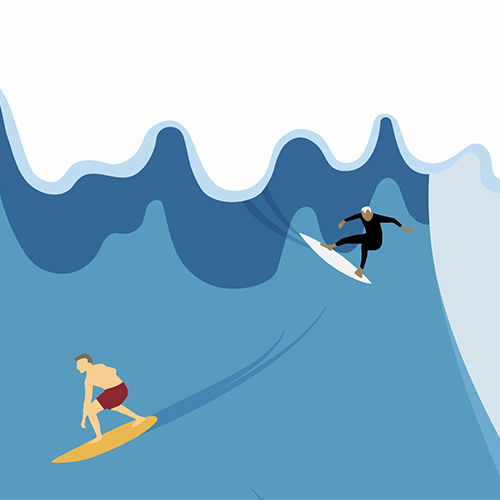 An illustration of two surfers riding a large blue wave.